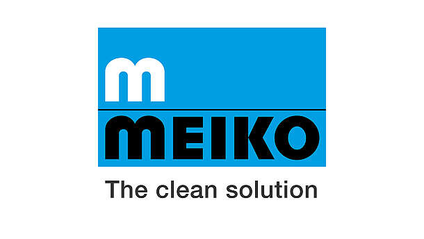 Logo mit einem blauen Rechteck, das ein weißes kleines "m" und darunter das Wort "MEIKO" in fetten schwarzen Buchstaben enthält. Darunter steht der Slogan: "Die saubere Lösung.