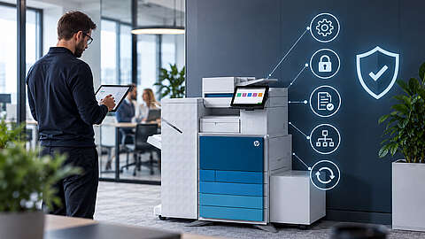Ein Mann bedient ein Tablet neben einem modernen Drucker, wobei Symbole für digitale Sicherheit und Arbeitsabläufe an die Wand projiziert werden, die für sicheres und effizientes Drucken im Büro stehen.