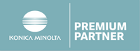Konica Minolta-Logo auf blauem Hintergrund, mit den Worten „PREMIUM PARTNER“ in fettem weißen Text rechts neben dem Logo.